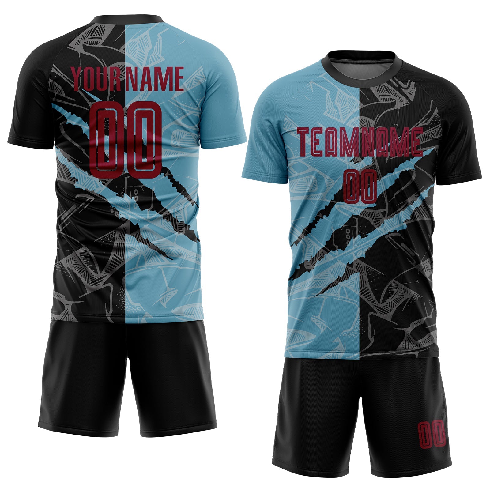Custom Graffiti Pattern Maroon Black-Shadow Blue Scratch Sublimation Soccer Uniform Jersey - Sky-Custom