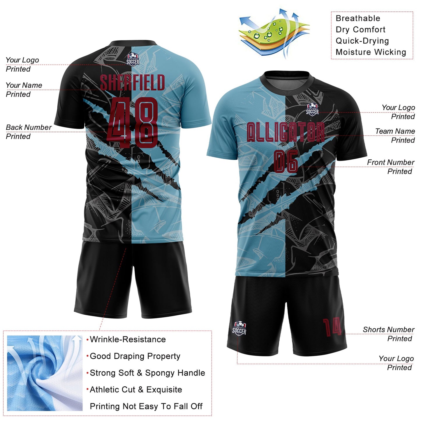 Custom Graffiti Pattern Maroon Black-Shadow Blue Scratch Sublimation Soccer Uniform Jersey - Sky-Custom