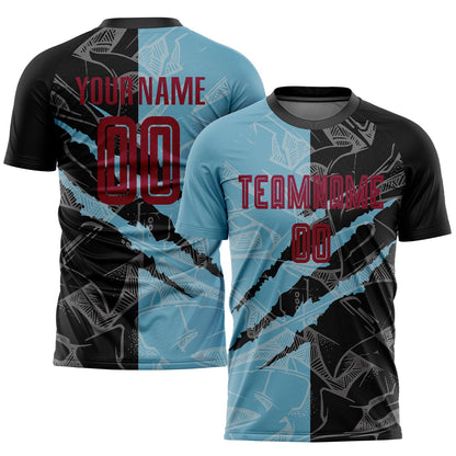 Custom Graffiti Pattern Maroon Black-Shadow Blue Scratch Sublimation Soccer Uniform Jersey - Sky-Custom