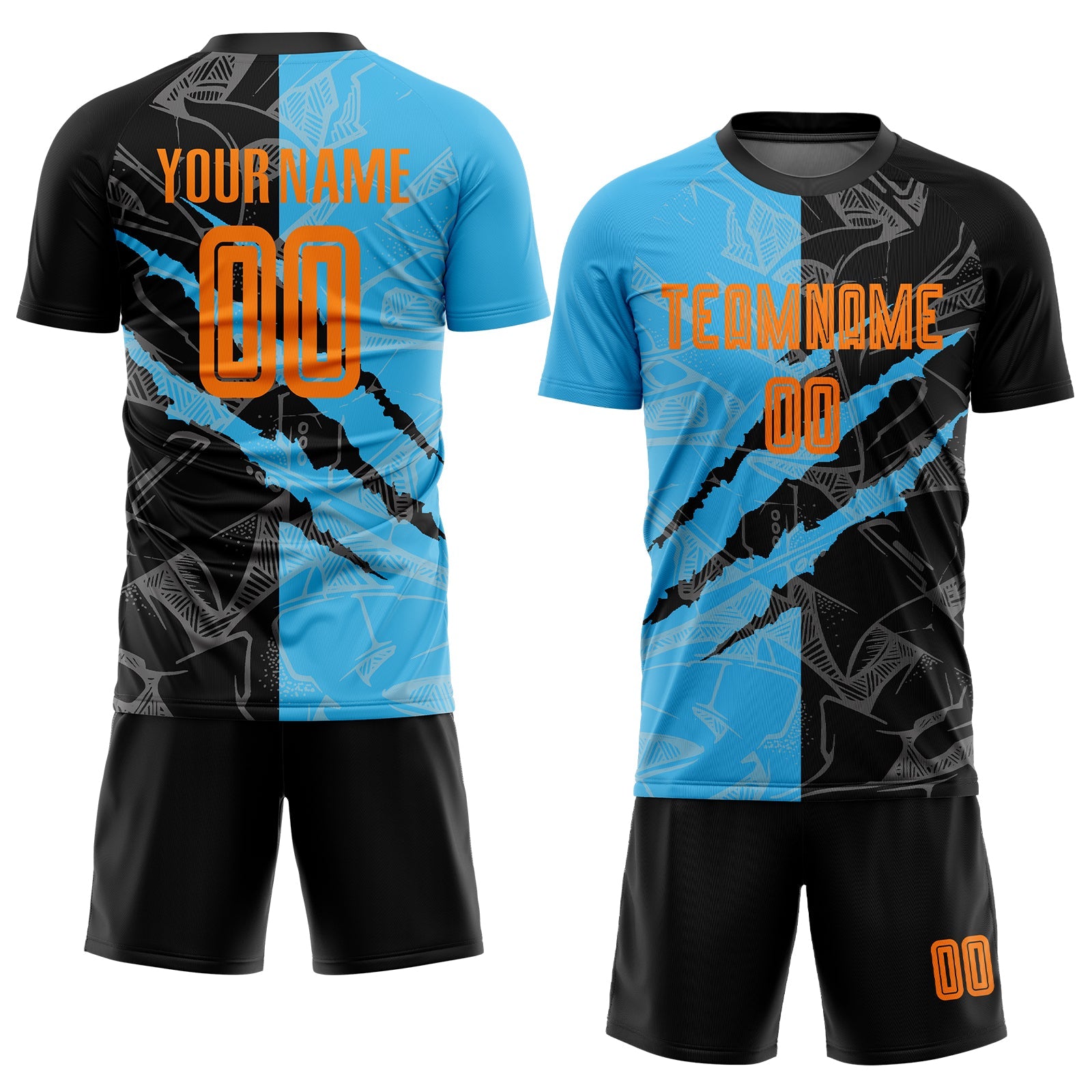 Custom Graffiti Pattern Bay Orange Black-Sky Blue Scratch Sublimation Soccer Uniform Jersey - Sky-Custom