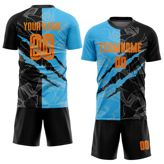 Custom Graffiti Pattern Bay Orange Black-Sky Blue Scratch Sublimation Soccer Uniform Jersey - Sky-Custom