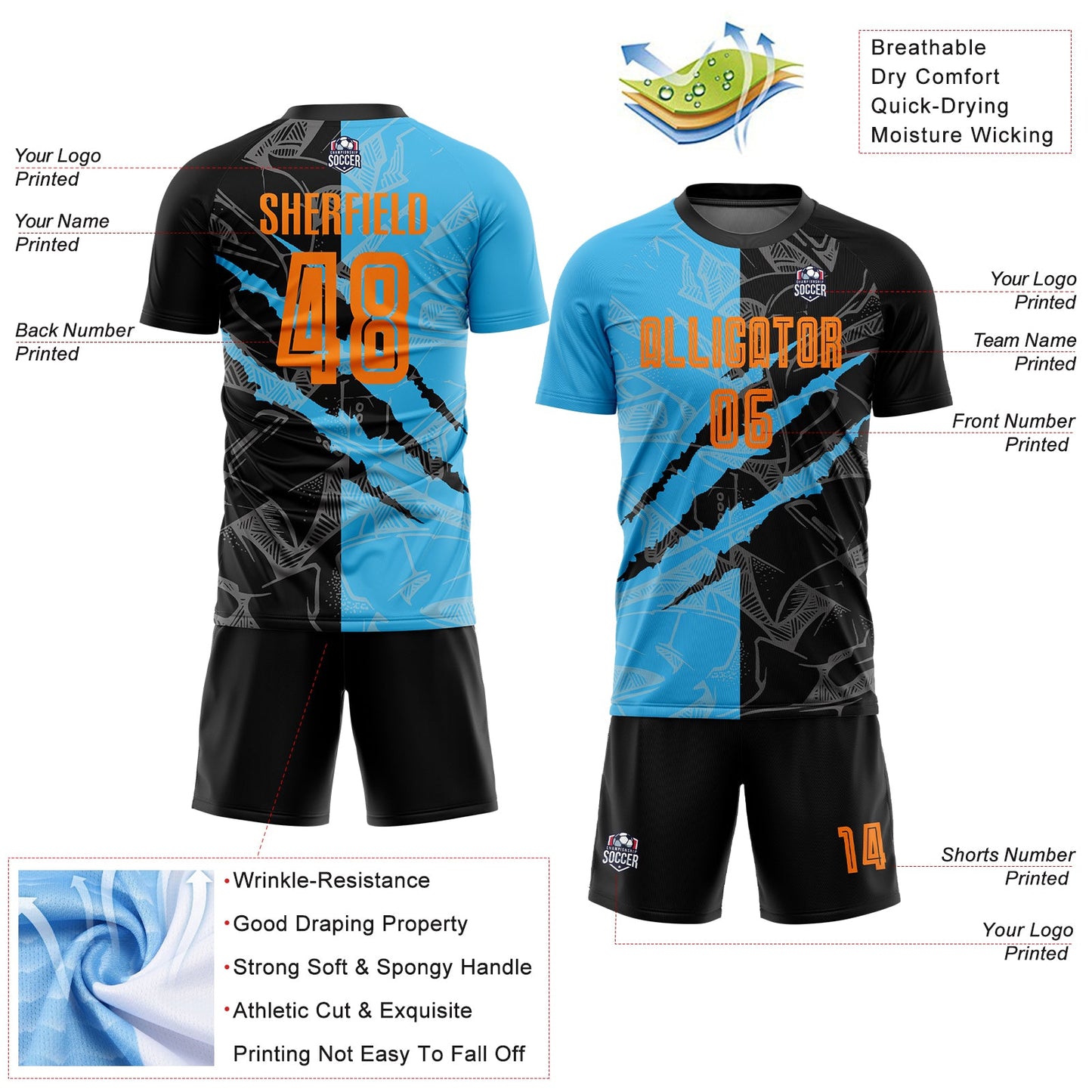 Custom Graffiti Pattern Bay Orange Black-Sky Blue Scratch Sublimation Soccer Uniform Jersey - Sky-Custom