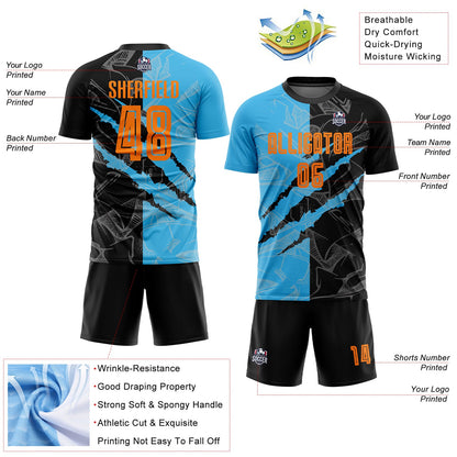 Custom Graffiti Pattern Bay Orange Black-Sky Blue Scratch Sublimation Soccer Uniform Jersey - Sky-Custom