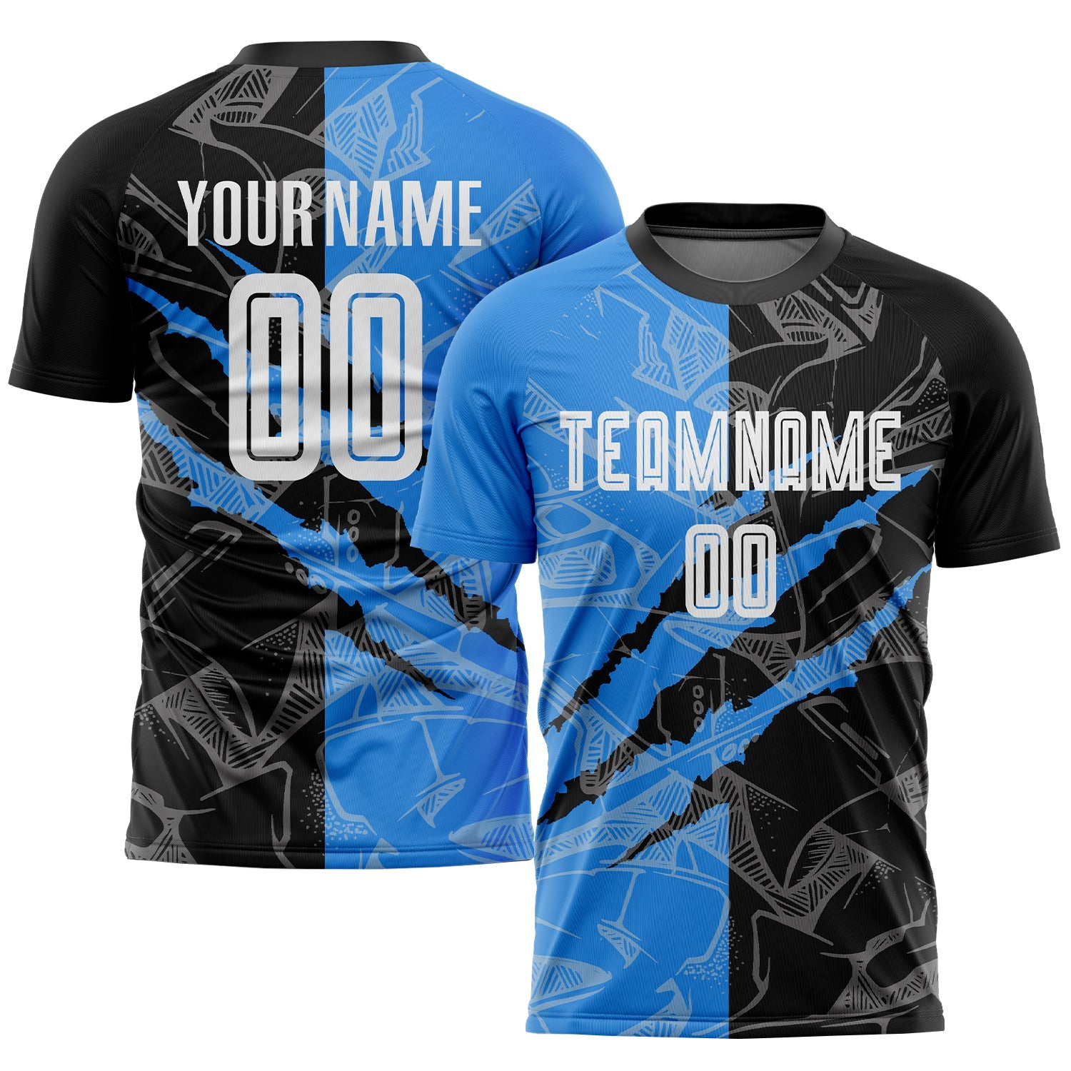 Custom Graffiti Pattern Black-Powder Blue Scratch Sublimation Soccer Uniform Jersey - Sky-Custom