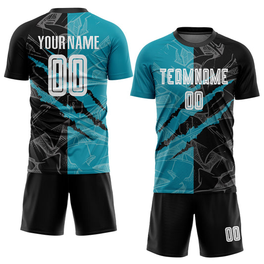 Custom Graffiti Pattern Black-Teal Scratch Sublimation Soccer Uniform Jersey - Sky-Custom