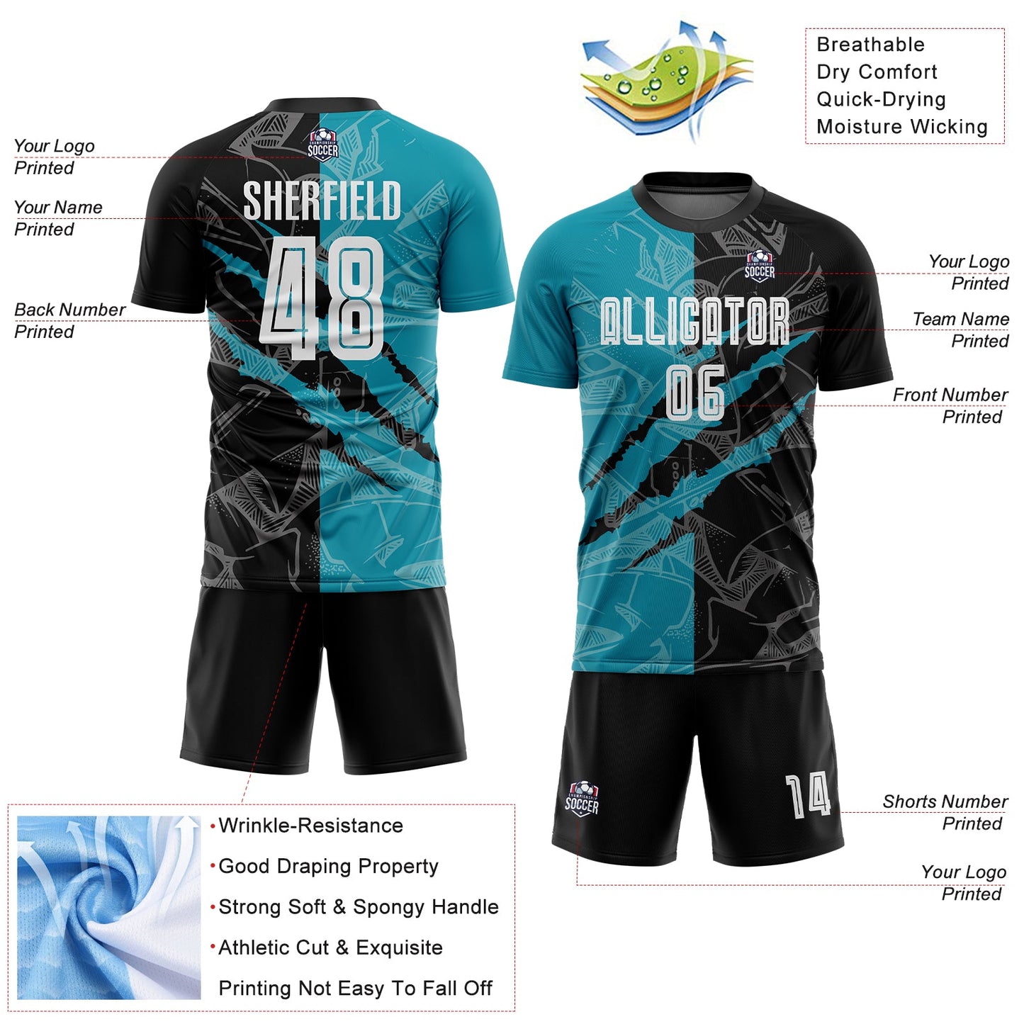 Custom Graffiti Pattern Black-Teal Scratch Sublimation Soccer Uniform Jersey - Sky-Custom