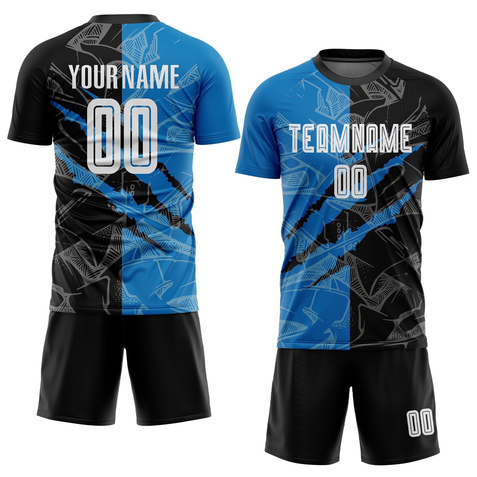 Custom Graffiti Pattern Black-Blue Scratch Sublimation Soccer Uniform Jersey - Sky-Custom