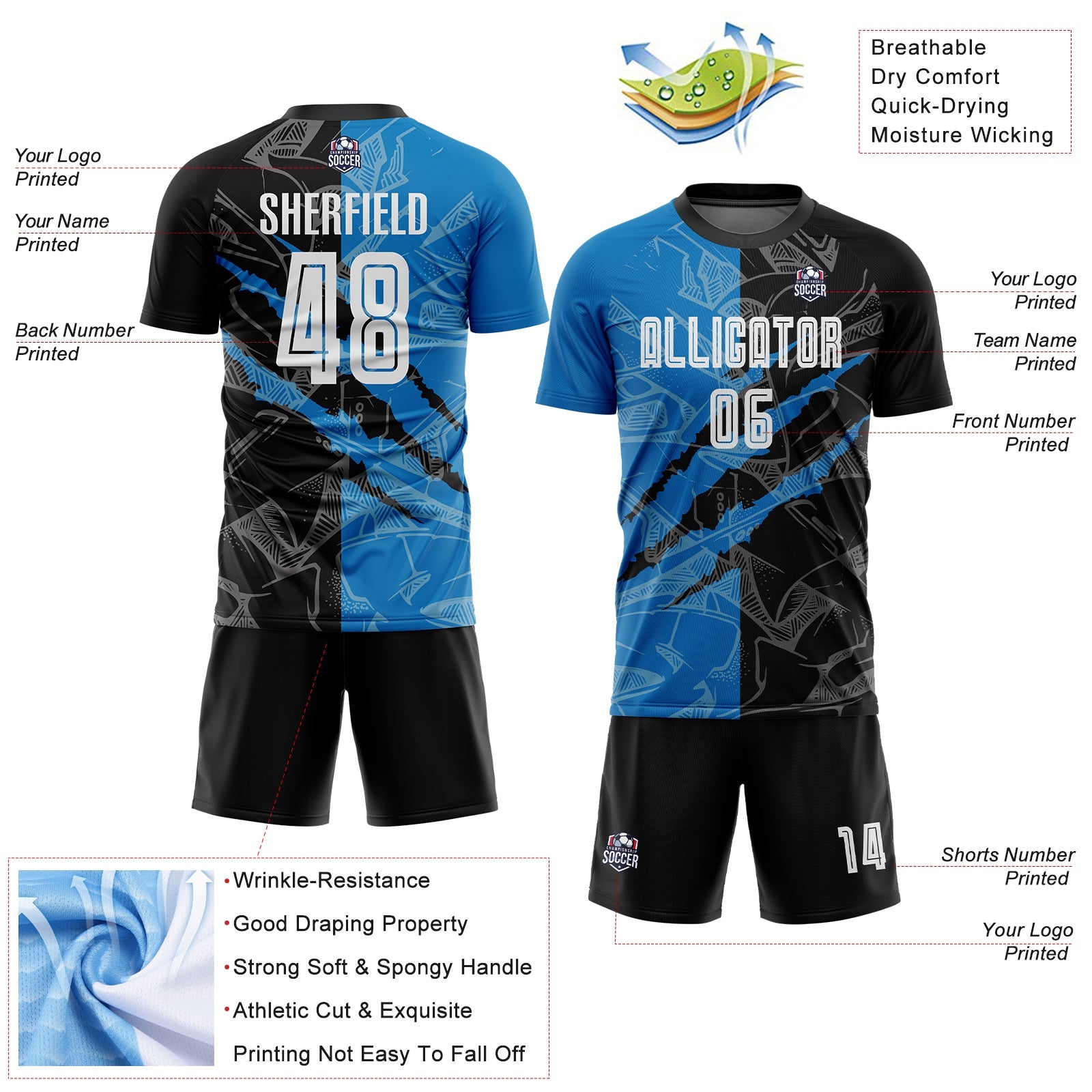 Custom Graffiti Pattern Black-Blue Scratch Sublimation Soccer Uniform Jersey - Sky-Custom