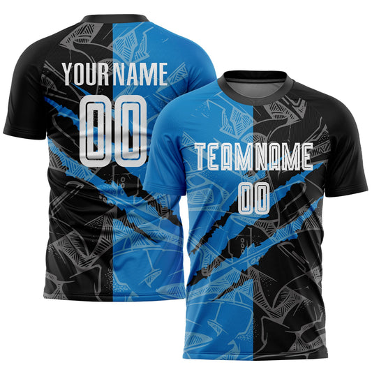 Custom Graffiti Pattern Black-Blue Scratch Sublimation Soccer Uniform Jersey - Sky-Custom