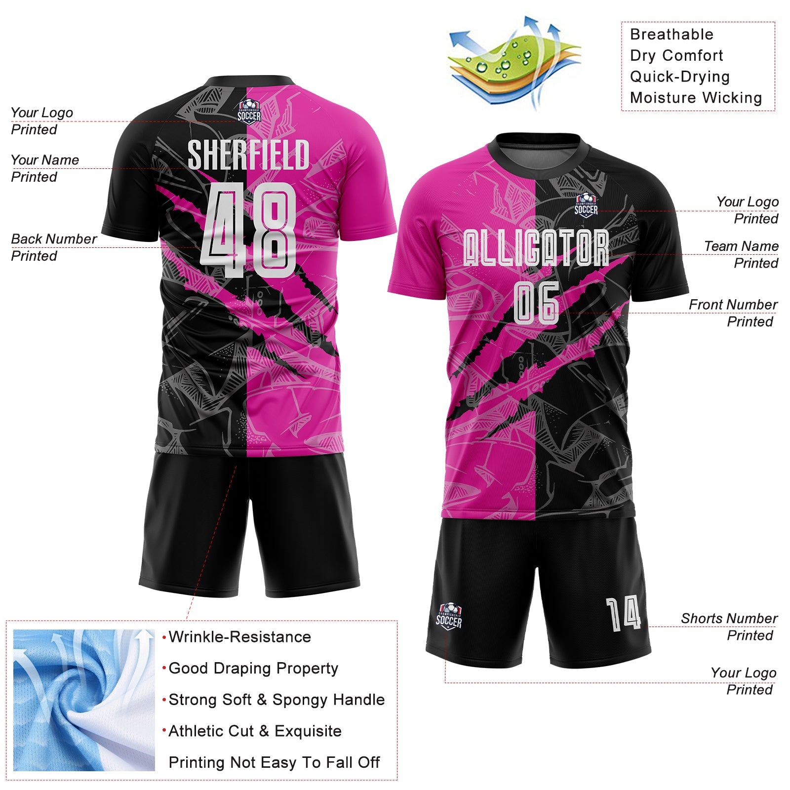 Custom Graffiti Pattern Black-Deep Pink Scratch Sublimation Soccer Uniform Jersey - Sky-Custom