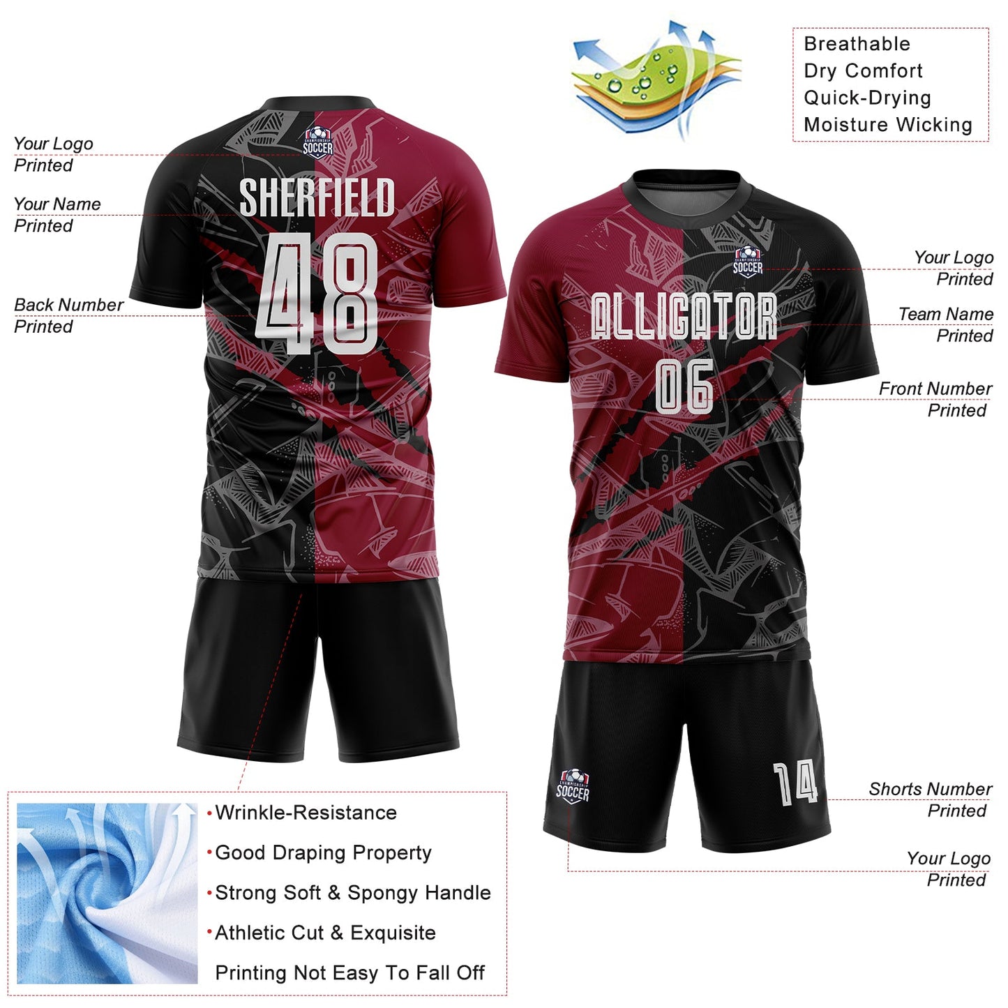 Custom Graffiti Pattern Black-Maroon Scratch Sublimation Soccer Uniform Jersey - Sky-Custom