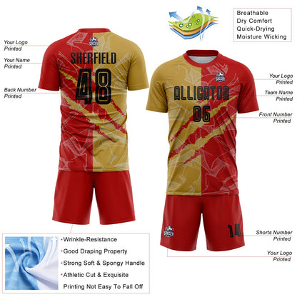 Custom Graffiti Pattern Black Red-Old Gold Scratch Sublimation Soccer Uniform Jersey - Sky-Custom