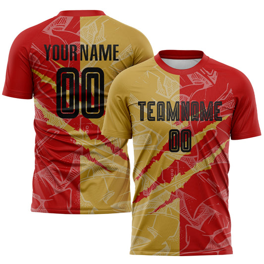 Custom Graffiti Pattern Black Red-Old Gold Scratch Sublimation Soccer Uniform Jersey - Sky-Custom
