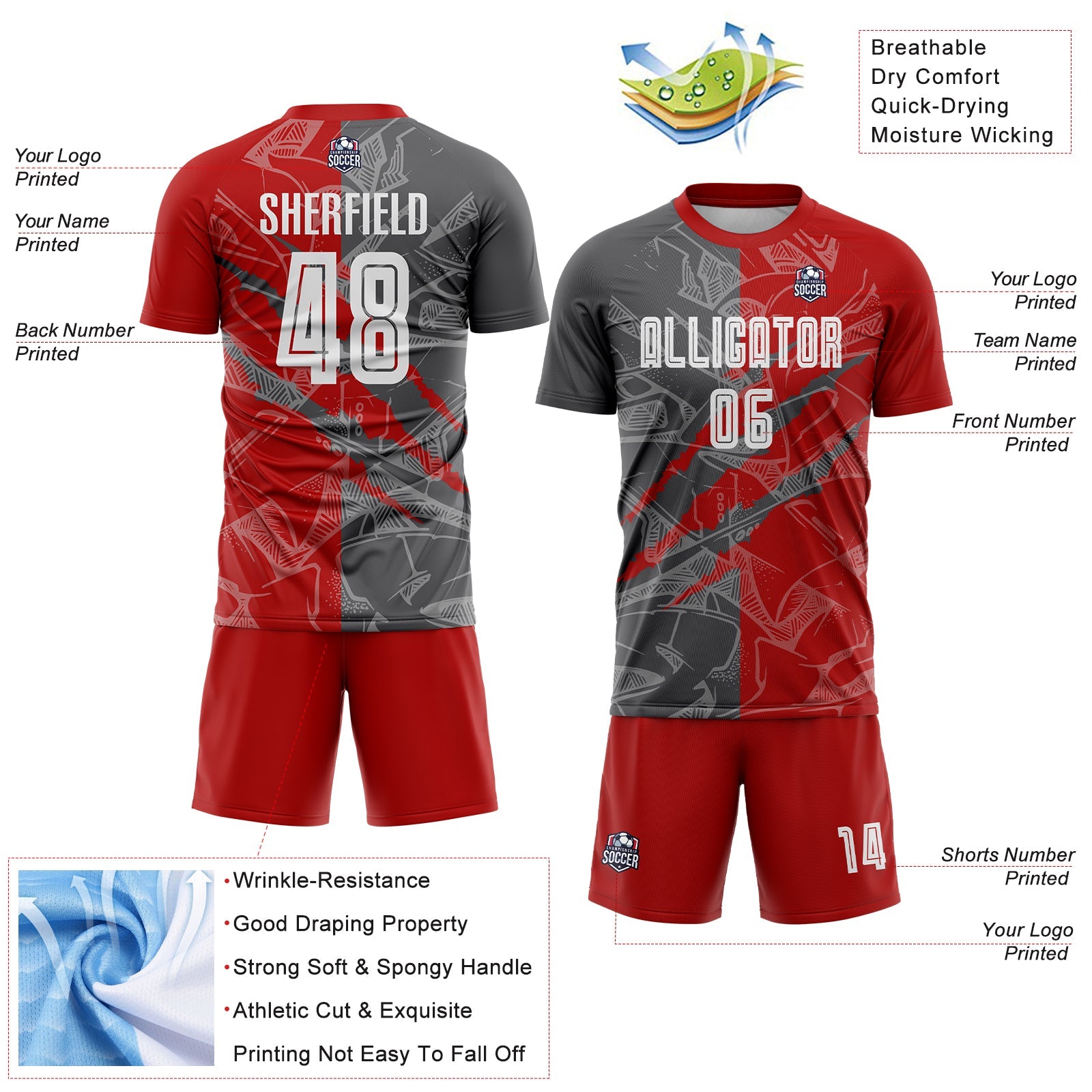 Custom Graffiti Pattern Red-Steel Gray Scratch Sublimation Soccer Uniform Jersey - Sky-Custom