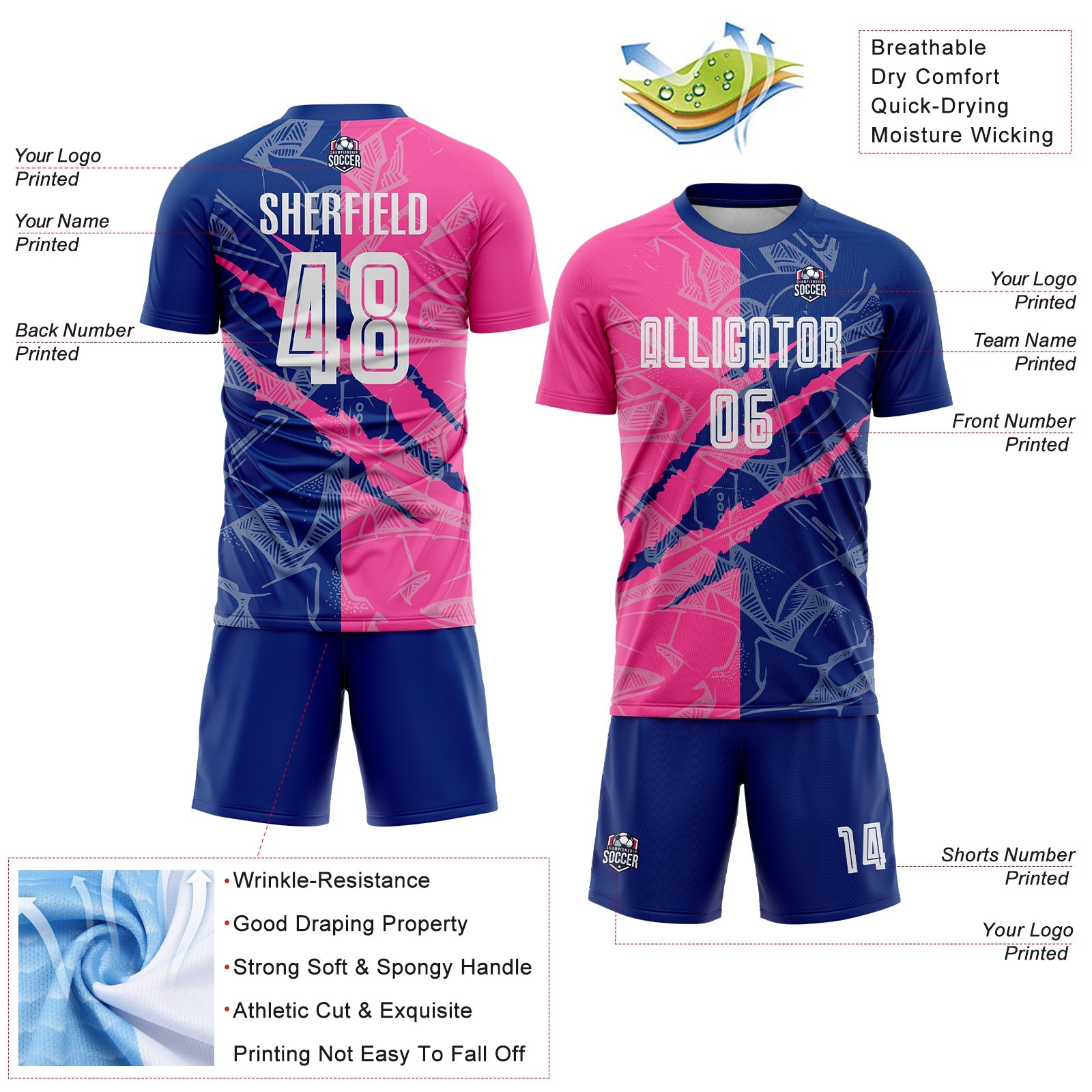 Custom Graffiti Pattern Pink-Royal Scratch Sublimation Soccer Uniform Jersey - Sky-Custom