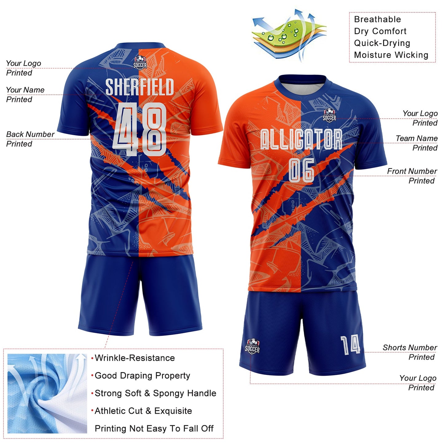 Custom Graffiti Pattern Royal-Orange Scratch Sublimation Soccer Uniform Jersey - Sky-Custom