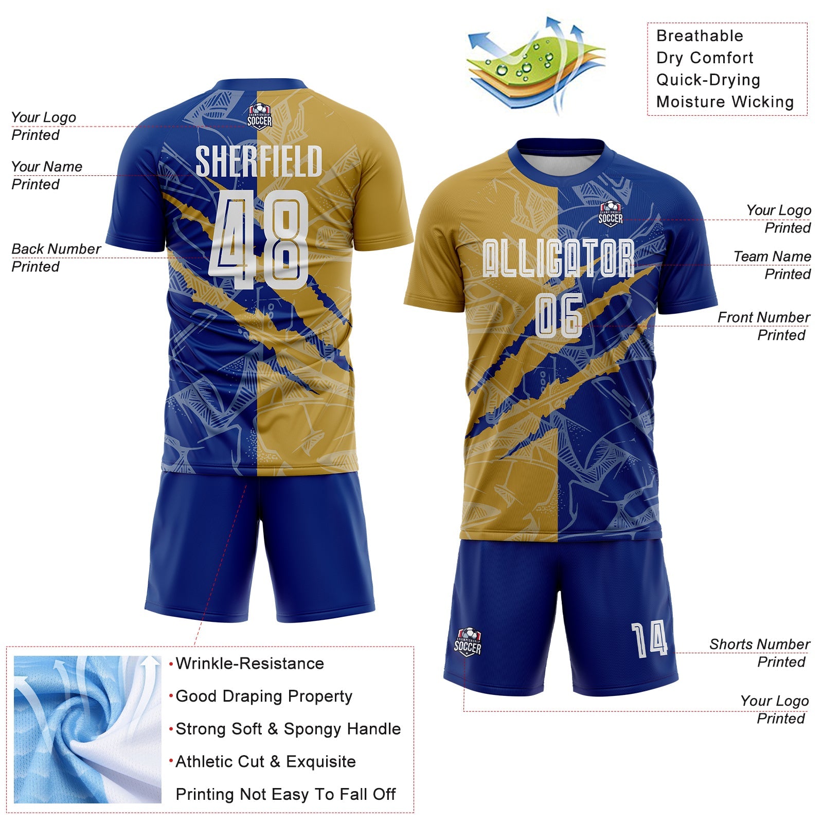 Custom Graffiti Pattern Old Gold-Royal Scratch Sublimation Soccer Uniform Jersey - Sky-Custom