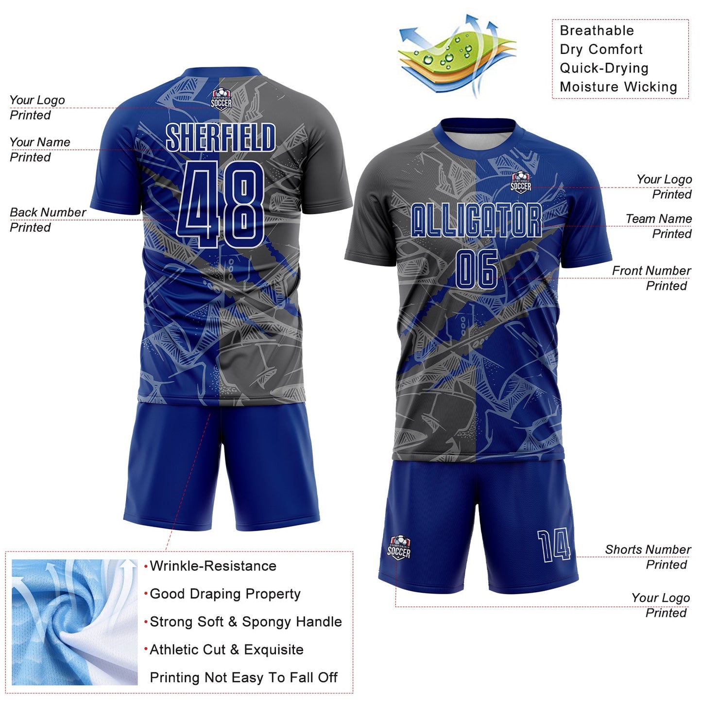 Custom Graffiti Pattern Royal-Steel Gray Scratch Sublimation Soccer Uniform Jersey - Sky-Custom