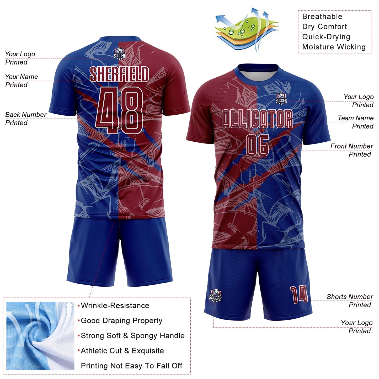 Custom Graffiti Pattern Crimson-Royal Scratch Sublimation Soccer Uniform Jersey - Sky-Custom