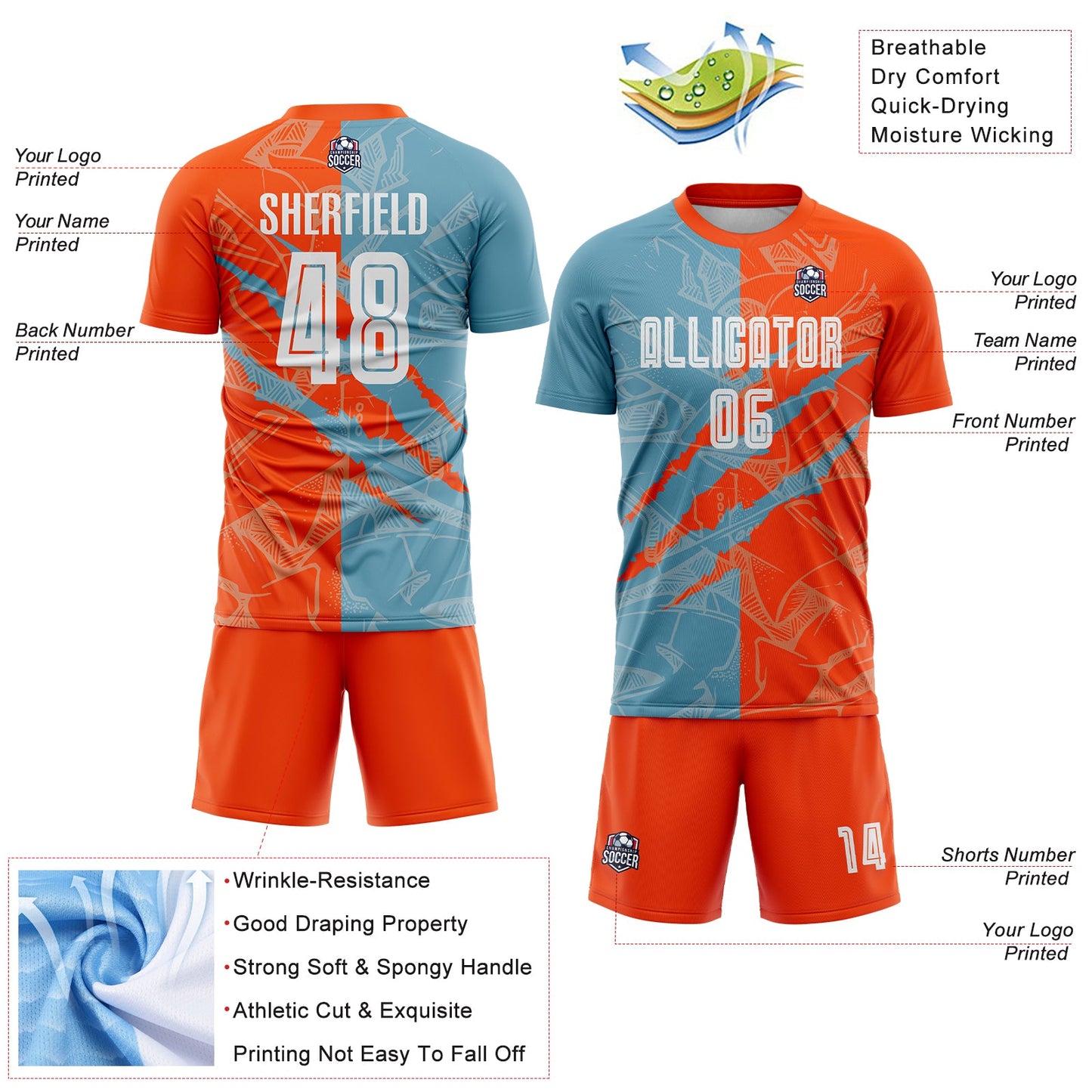 Custom Graffiti Pattern Shadow Blue-Orange Scratch Sublimation Soccer Uniform Jersey - Sky-Custom