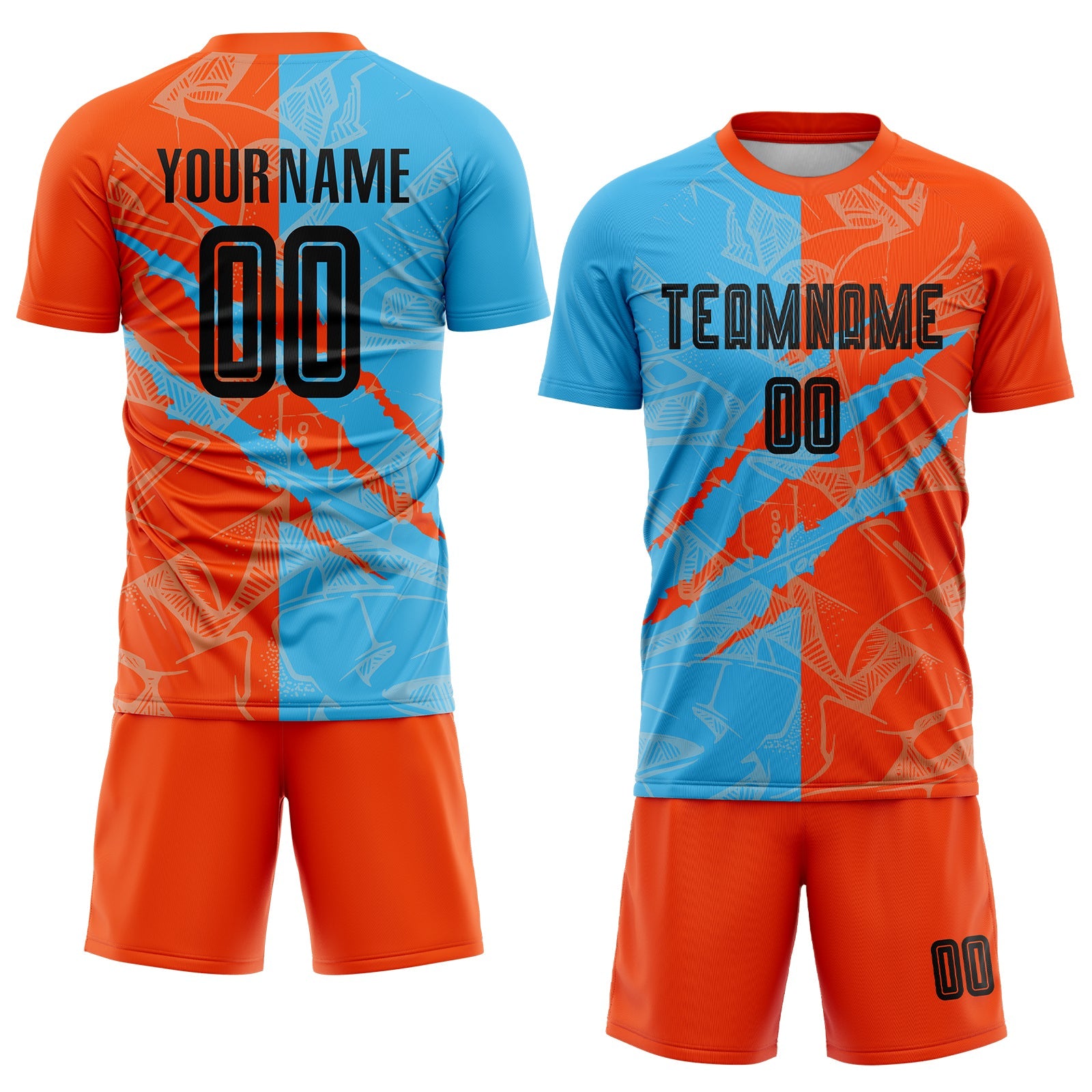 Custom Graffiti Pattern Black Sky Blue-Orange Scratch Sublimation Soccer Uniform Jersey - Sky-Custom