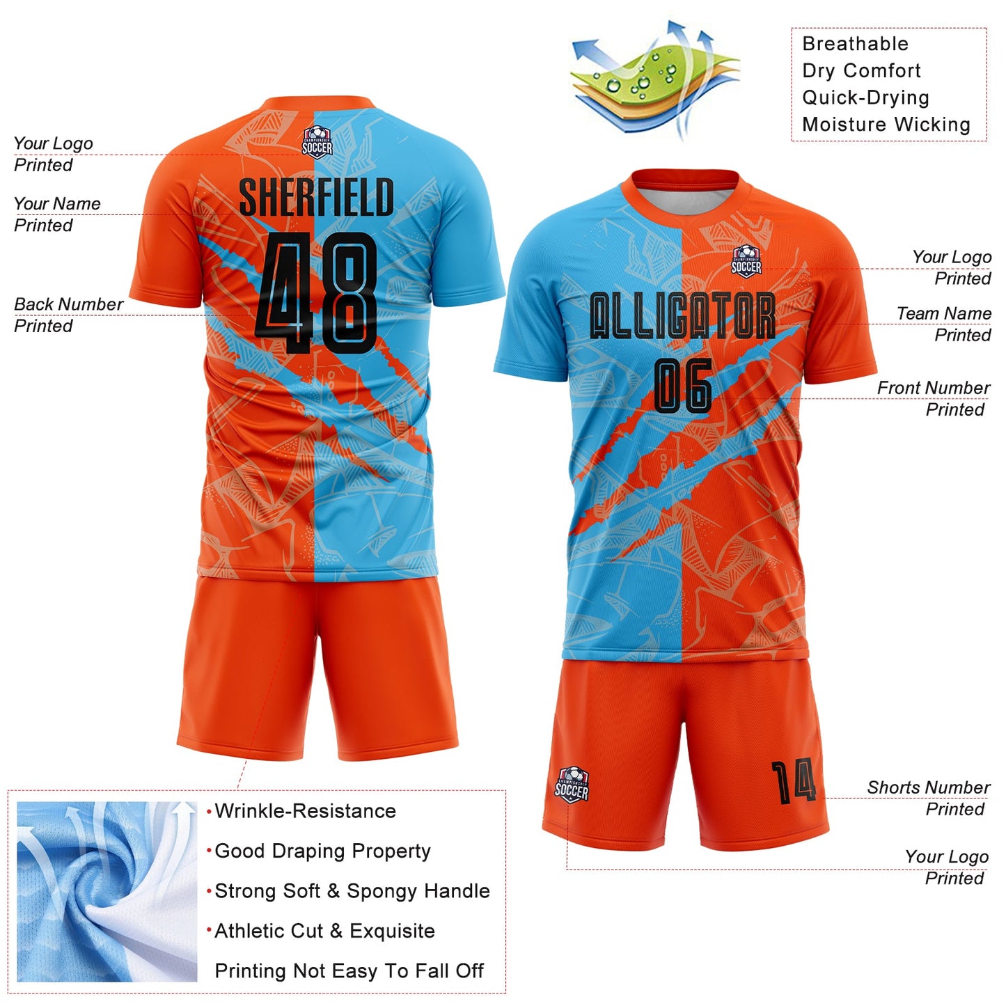 Custom Graffiti Pattern Black Sky Blue-Orange Scratch Sublimation Soccer Uniform Jersey - Sky-Custom