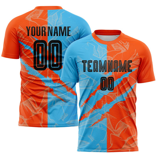 Custom Graffiti Pattern Black Sky Blue-Orange Scratch Sublimation Soccer Uniform Jersey - Sky-Custom