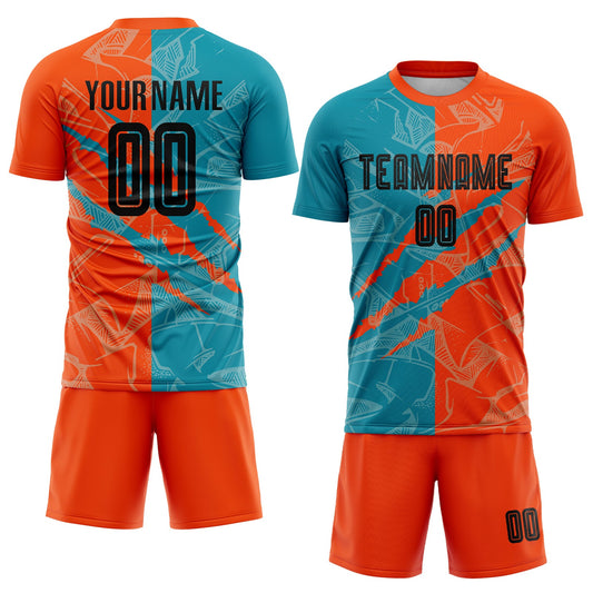 Custom Graffiti Pattern Black Teal-Orange Scratch Sublimation Soccer Uniform Jersey - Sky-Custom