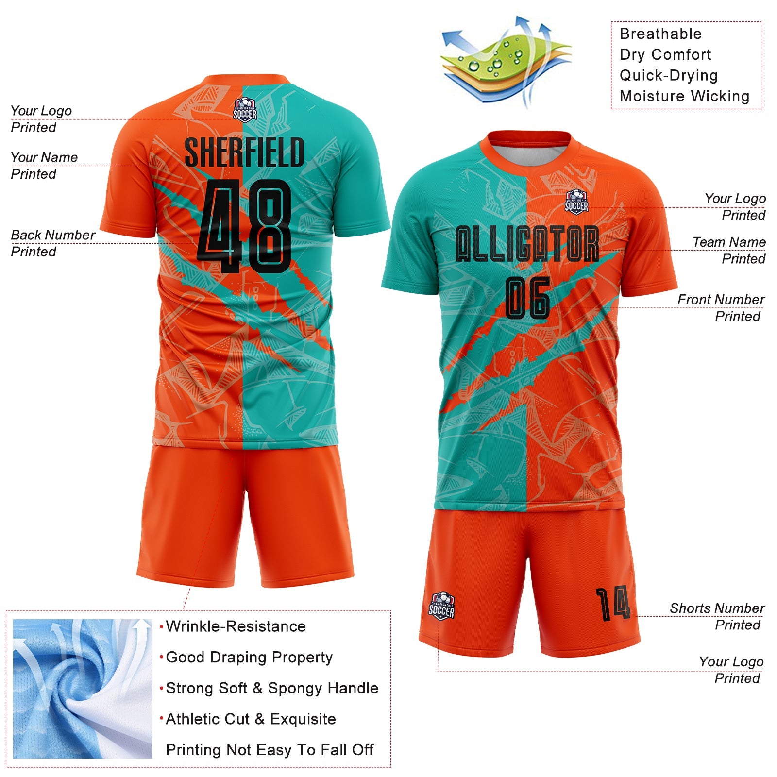Custom Graffiti Pattern Black Aqua-Orange Scratch Sublimation Soccer Uniform Jersey - Sky-Custom