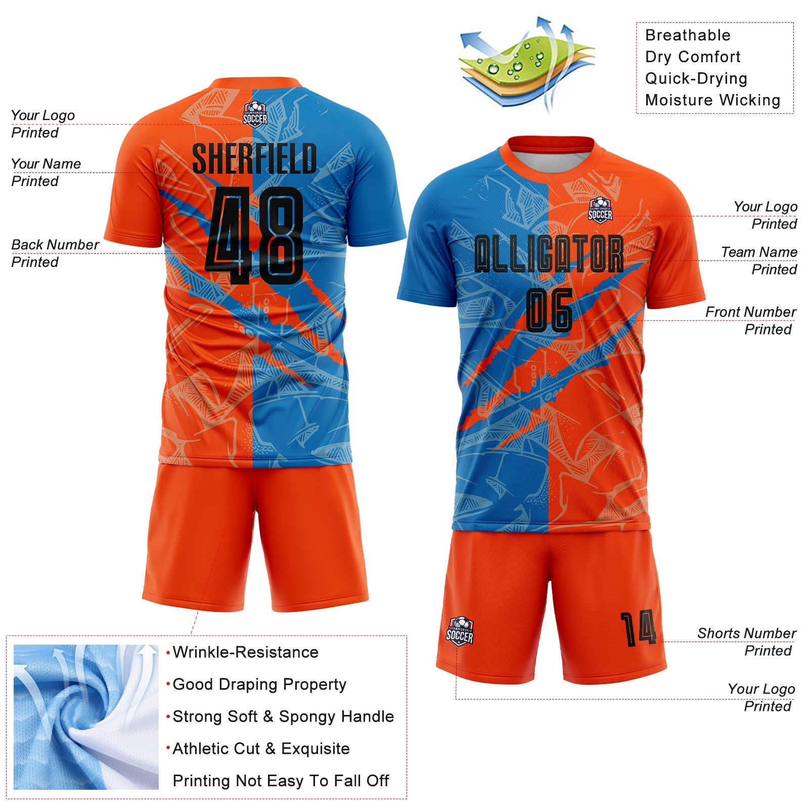 Custom Graffiti Pattern Black Blue-Orange Scratch Sublimation Soccer Uniform Jersey - Sky-Custom