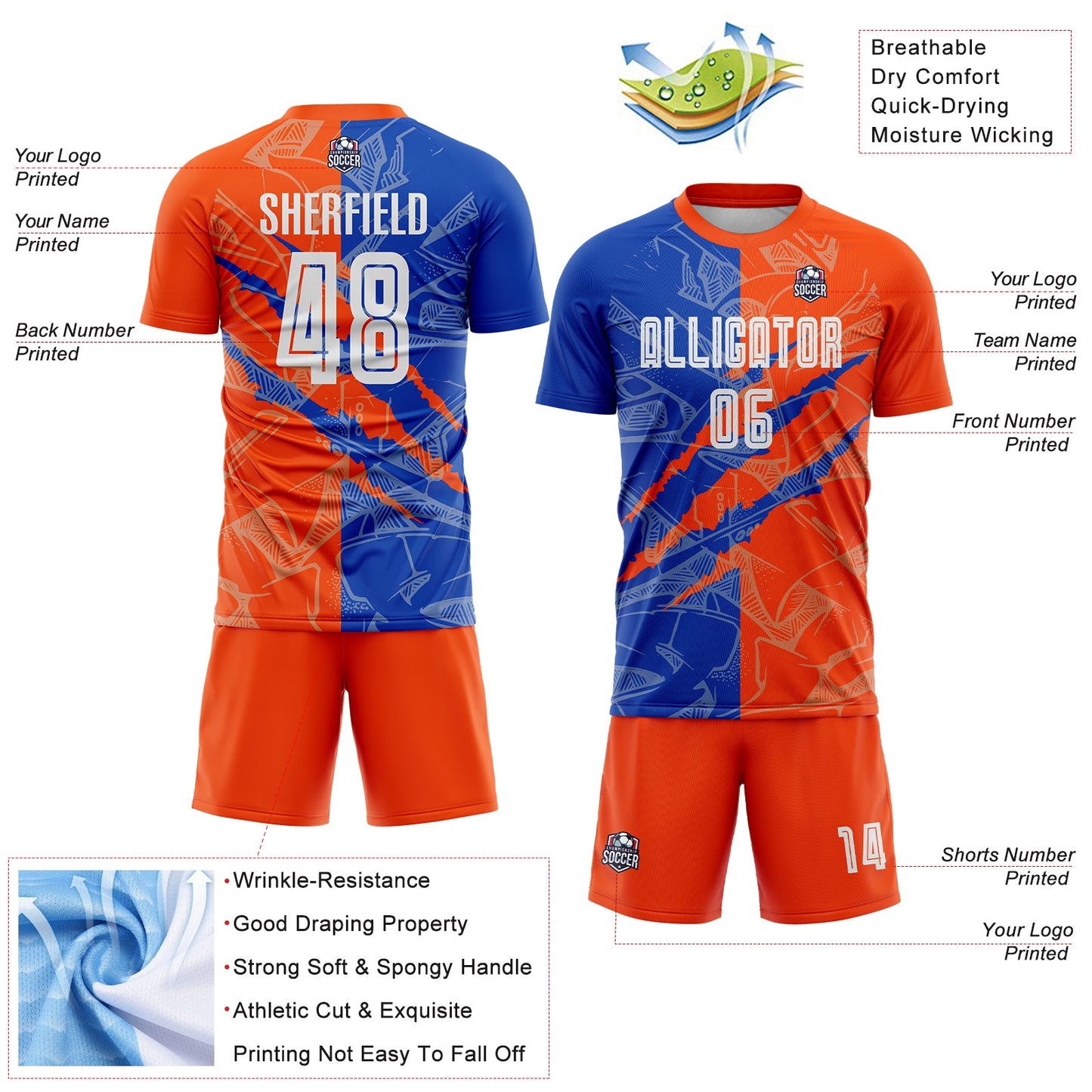 Custom Graffiti Pattern Thunder Blue-Orange Scratch Sublimation Soccer Uniform Jersey - Sky-Custom