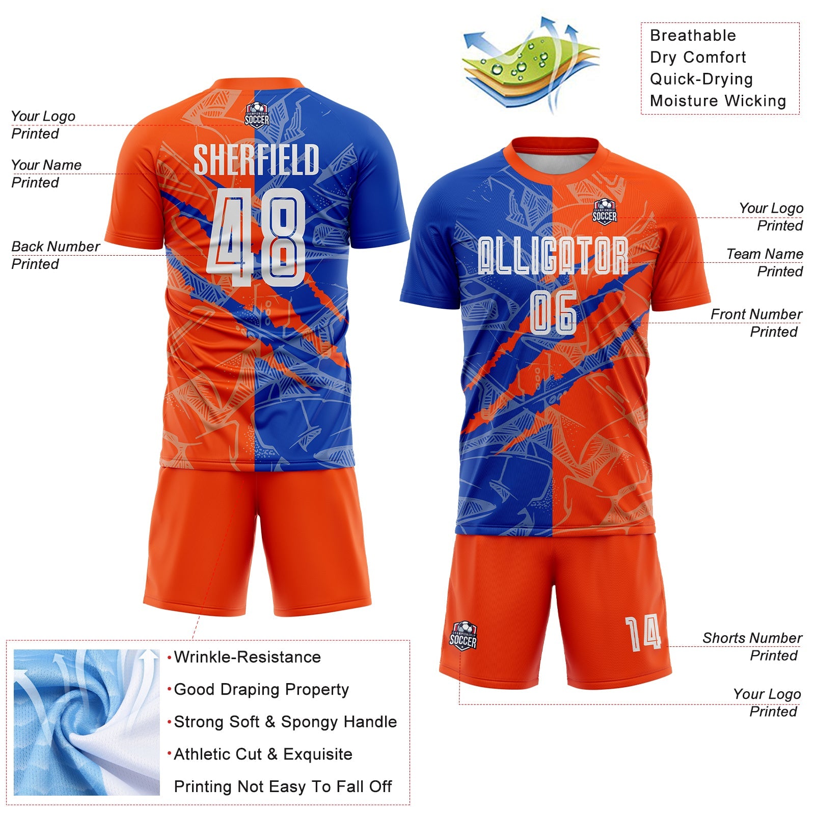 Custom Graffiti Pattern Thunder Blue-Orange Scratch Sublimation Soccer Uniform Jersey - Sky-Custom