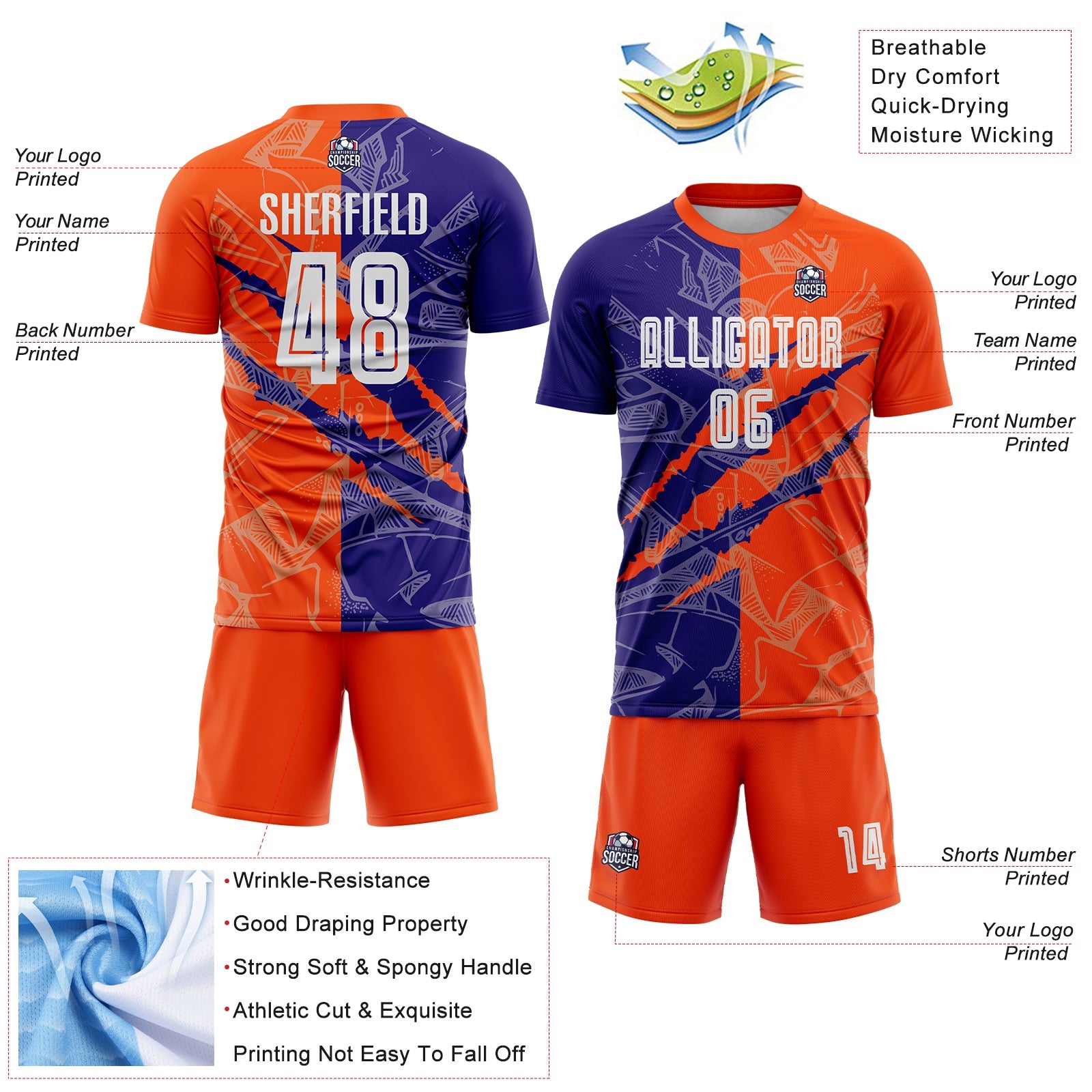 Custom Graffiti Pattern Dark Purple-Orange Scratch Sublimation Soccer Uniform Jersey - Sky-Custom