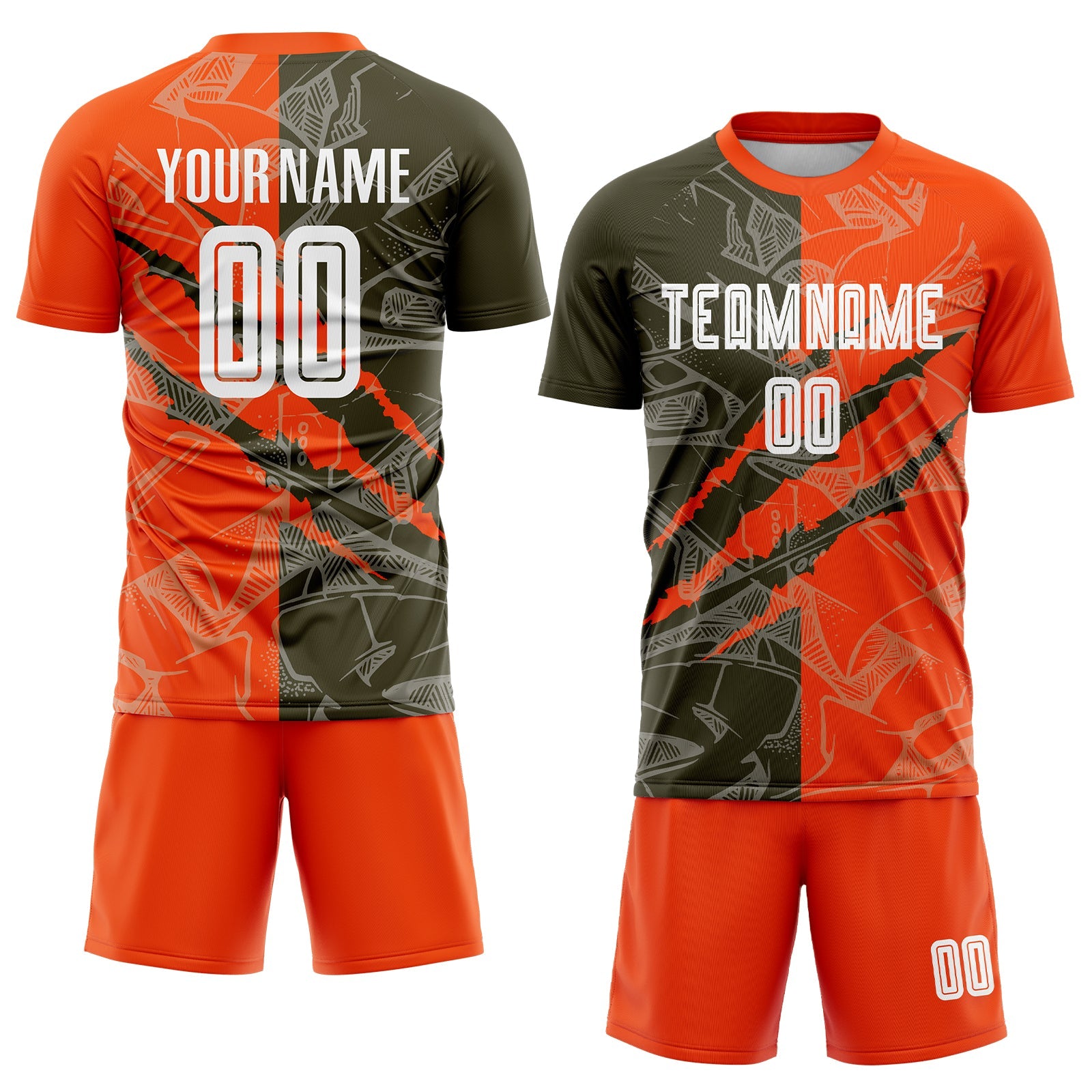 Custom Graffiti Pattern Olive-Orange Scratch Sublimation Soccer Uniform Jersey - Sky-Custom