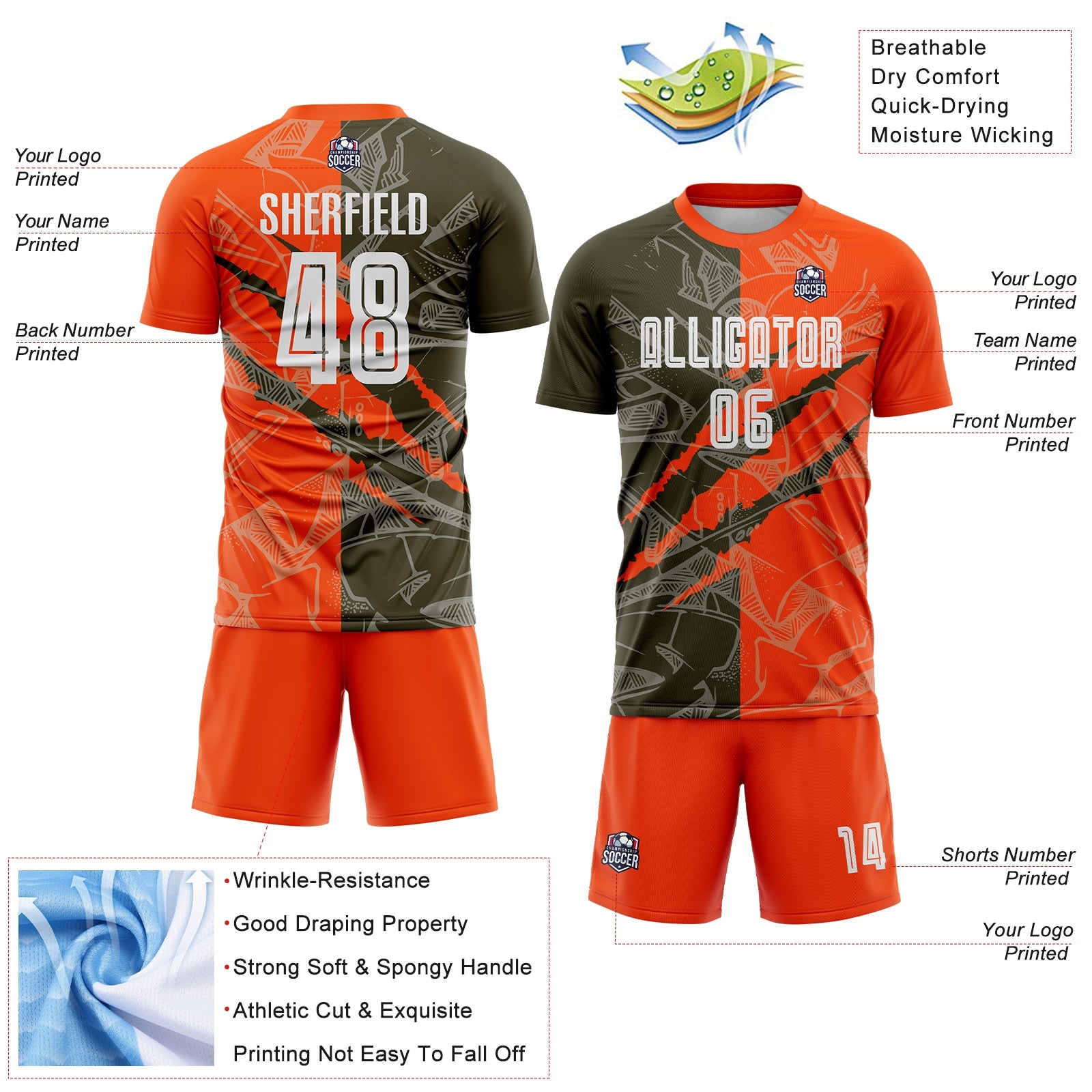 Custom Graffiti Pattern Olive-Orange Scratch Sublimation Soccer Uniform Jersey - Sky-Custom