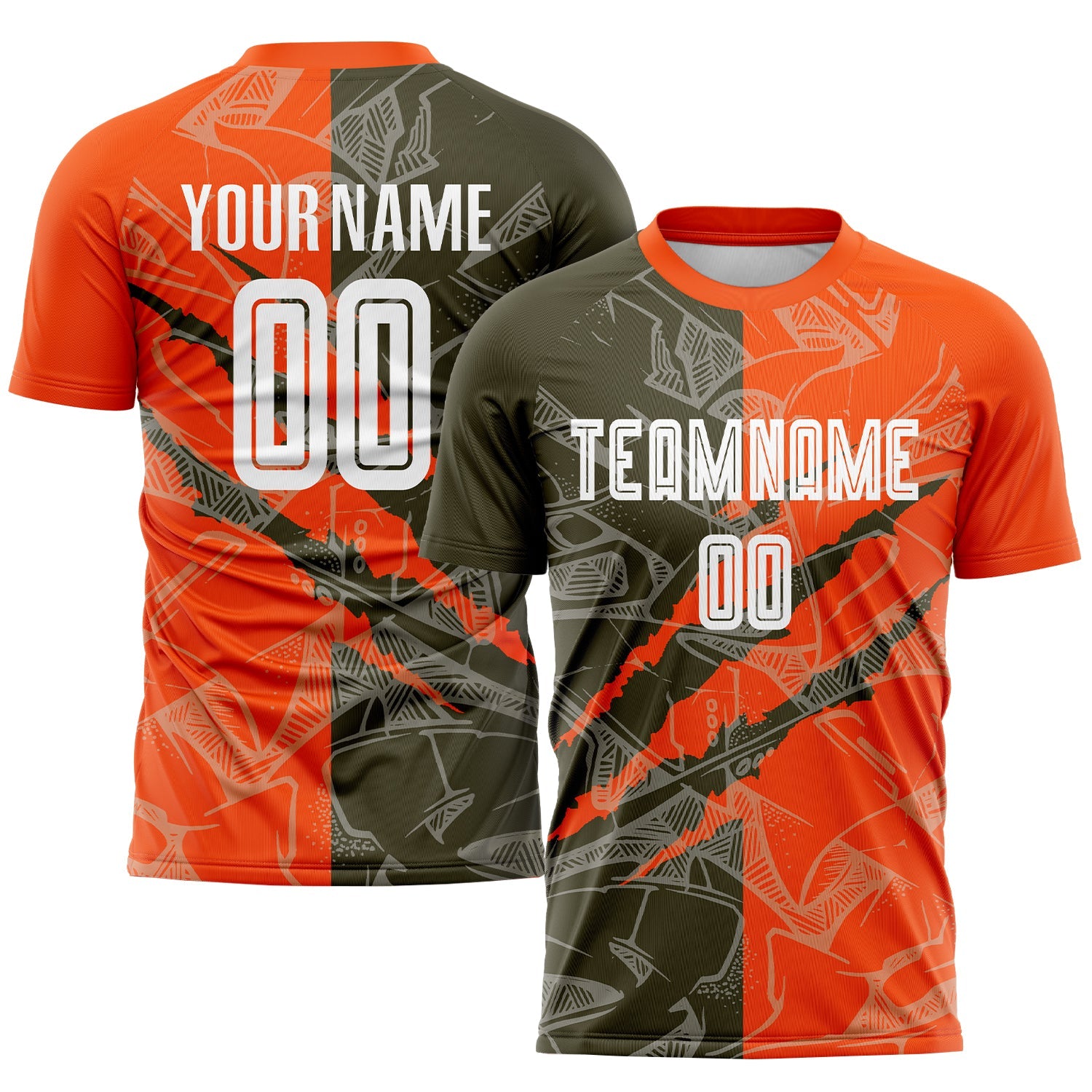 Custom Graffiti Pattern Olive-Orange Scratch Sublimation Soccer Uniform Jersey - Sky-Custom
