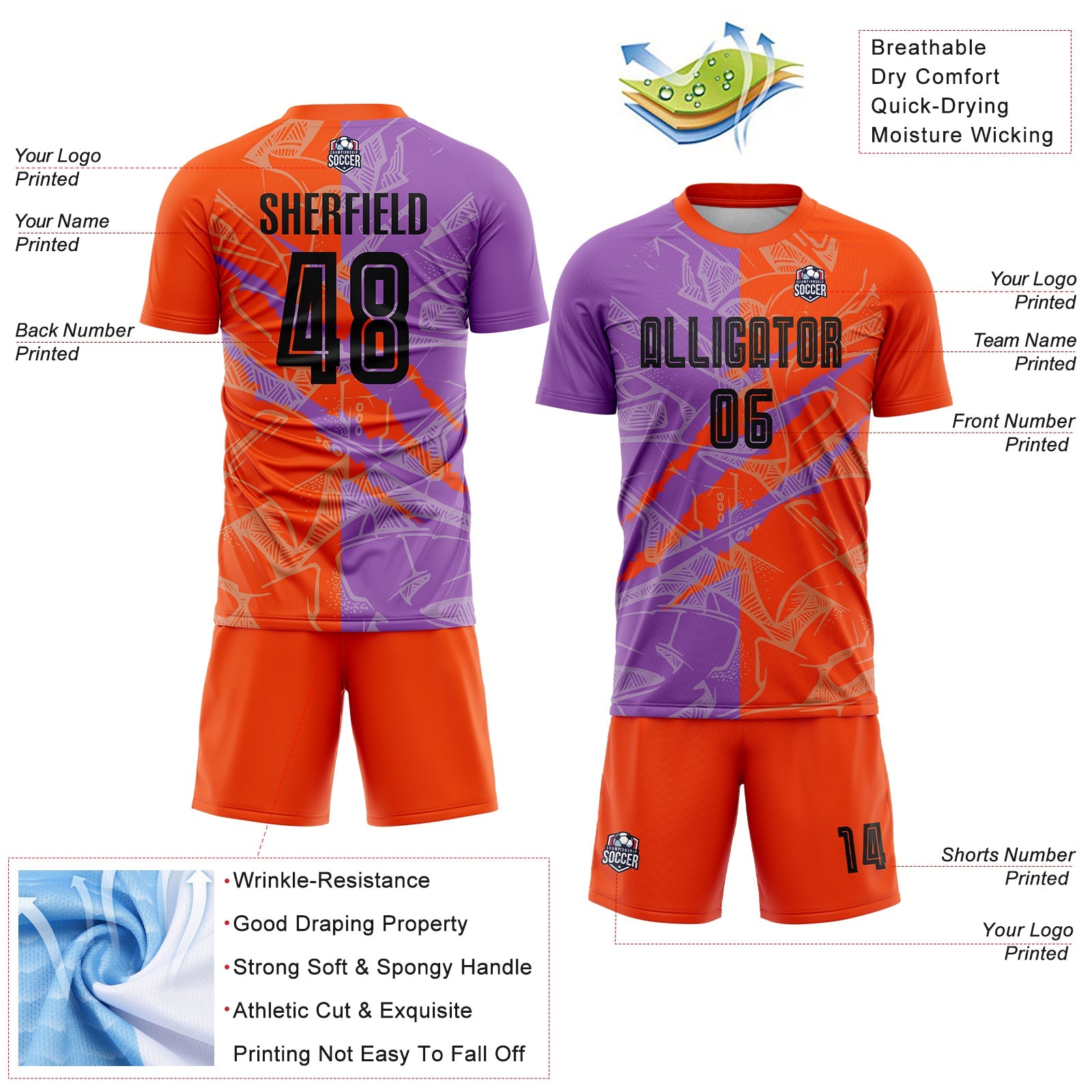 Custom Graffiti Pattern Black Medium Purple-Orange Scratch Sublimation Soccer Uniform Jersey - Sky-Custom