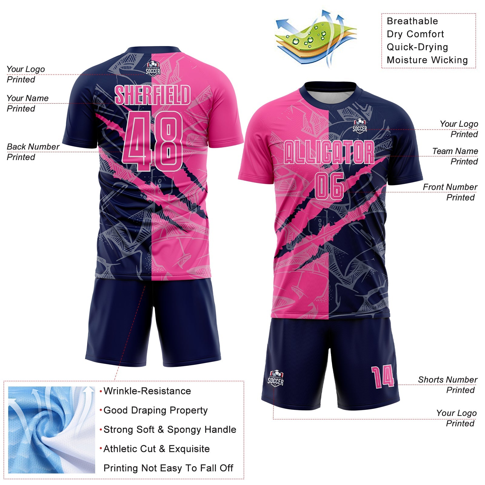 Custom Graffiti Pattern Pink-Navy Scratch Sublimation Soccer Uniform Jersey - Sky-Custom