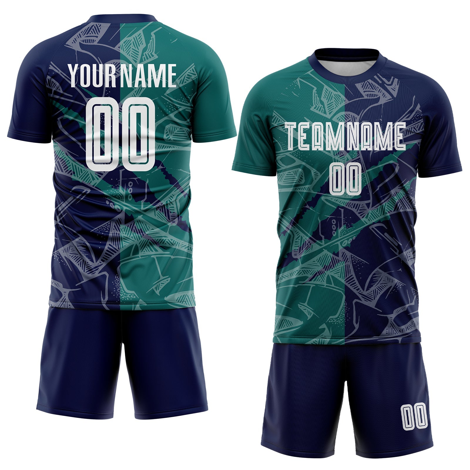 Custom Graffiti Pattern Teal-Navy Scratch Sublimation Soccer Uniform Jersey - Sky-Custom