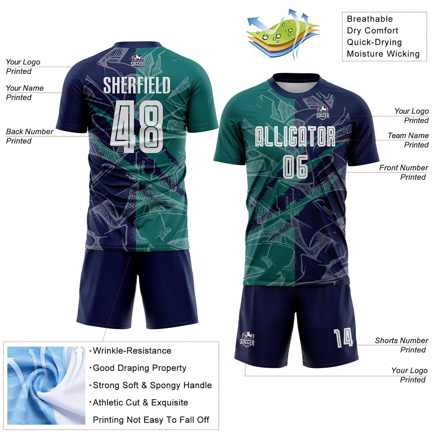 Custom Graffiti Pattern Teal-Navy Scratch Sublimation Soccer Uniform Jersey - Sky-Custom