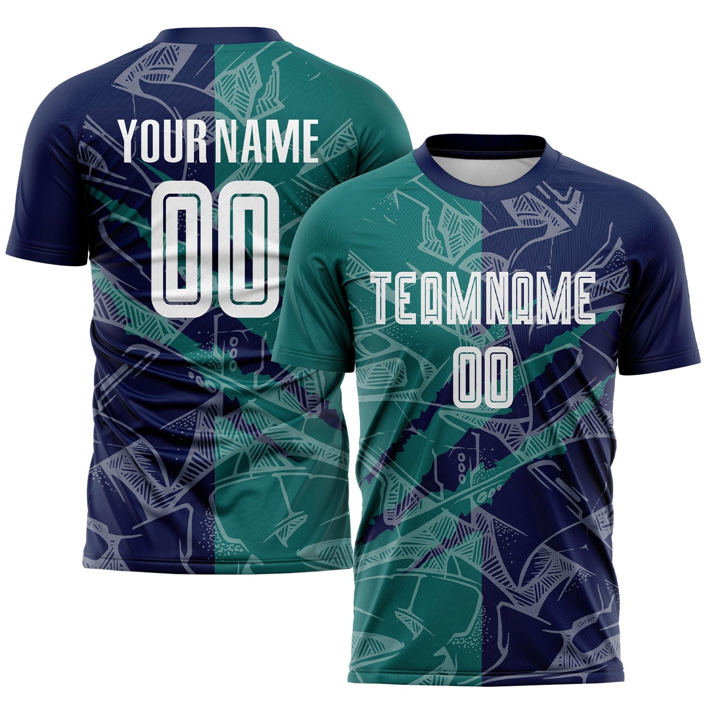 Custom Graffiti Pattern Teal-Navy Scratch Sublimation Soccer Uniform Jersey - Sky-Custom