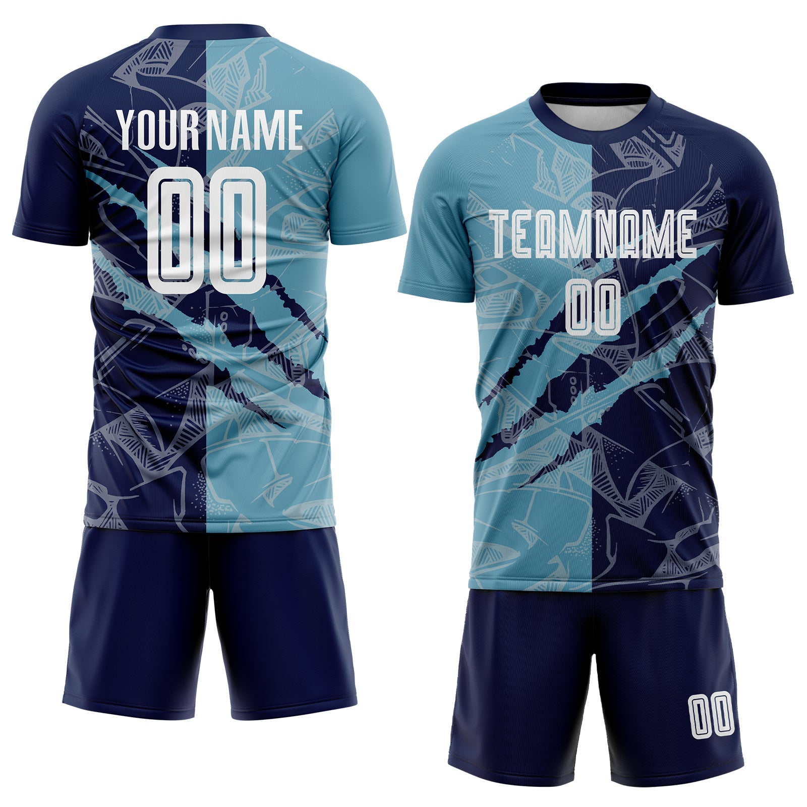 Custom Graffiti Pattern Shadow Blue-Navy Scratch Sublimation Soccer Uniform Jersey - Sky-Custom
