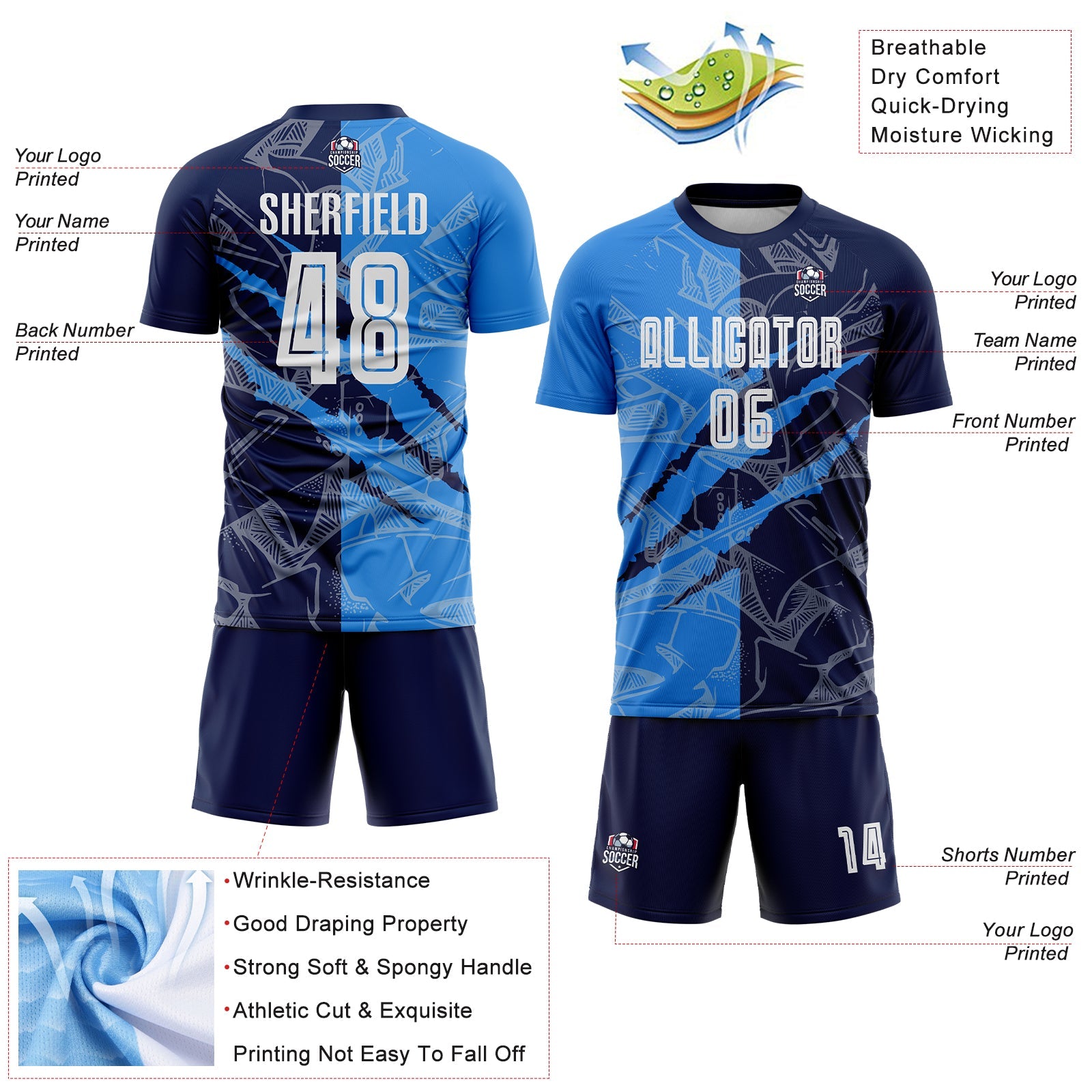 Custom Graffiti Pattern Powder Blue-Navy Scratch Sublimation Soccer Uniform Jersey - Sky-Custom