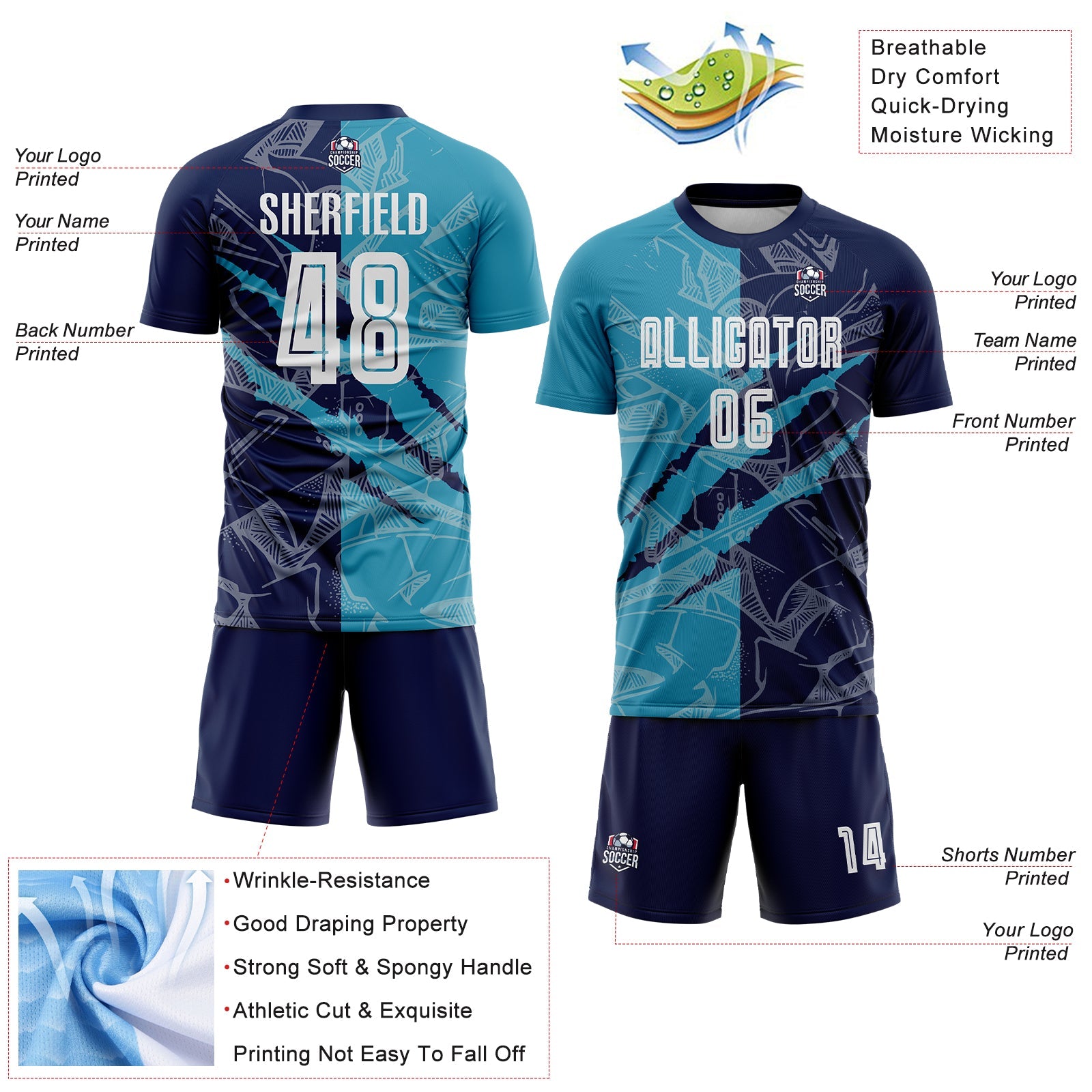 Custom Graffiti Pattern Panther Blue-Navy Scratch Sublimation Soccer Uniform Jersey - Sky-Custom