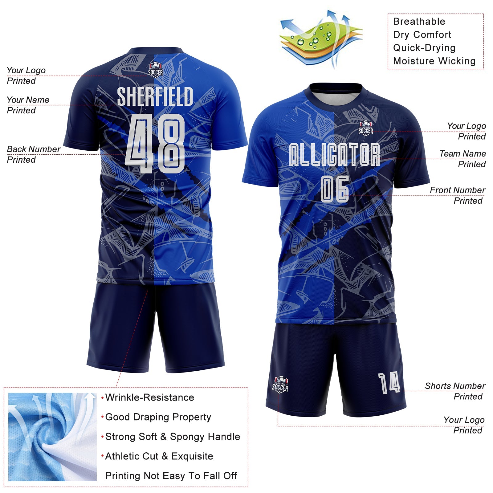 Custom Graffiti Pattern Thunder Blue-Navy Scratch Sublimation Soccer Uniform Jersey - Sky-Custom