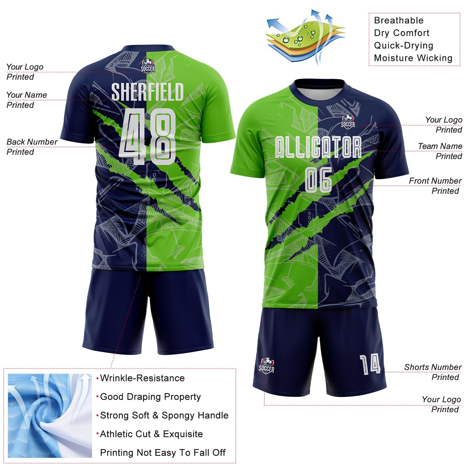 Custom Graffiti Pattern Aurora Green-Navy Scratch Sublimation Soccer Uniform Jersey - Sky-Custom