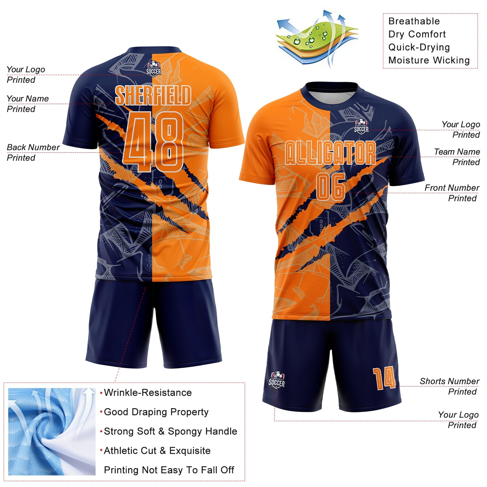 Custom Graffiti Pattern Bay Orange-Navy Scratch Sublimation Soccer Uniform Jersey - Sky-Custom