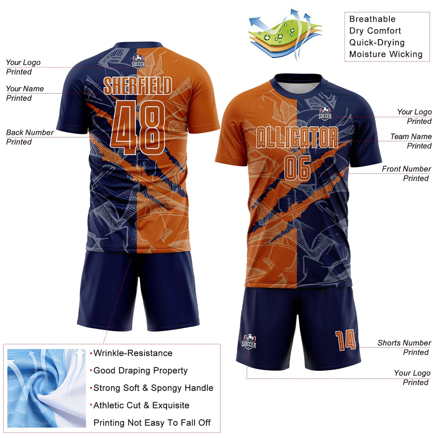 Custom Graffiti Pattern Texas Orange-Navy Scratch Sublimation Soccer Uniform Jersey - Sky-Custom