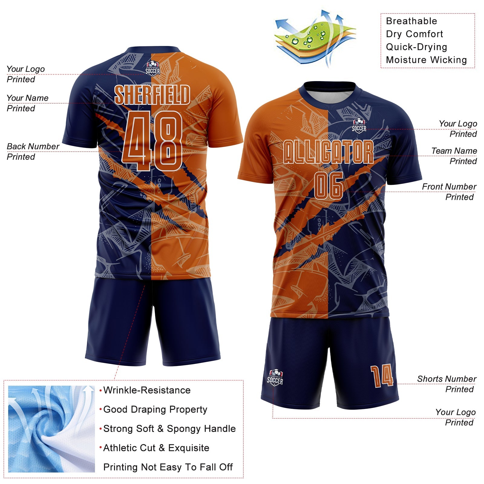 Custom Graffiti Pattern Texas Orange-Navy Scratch Sublimation Soccer Uniform Jersey - Sky-Custom
