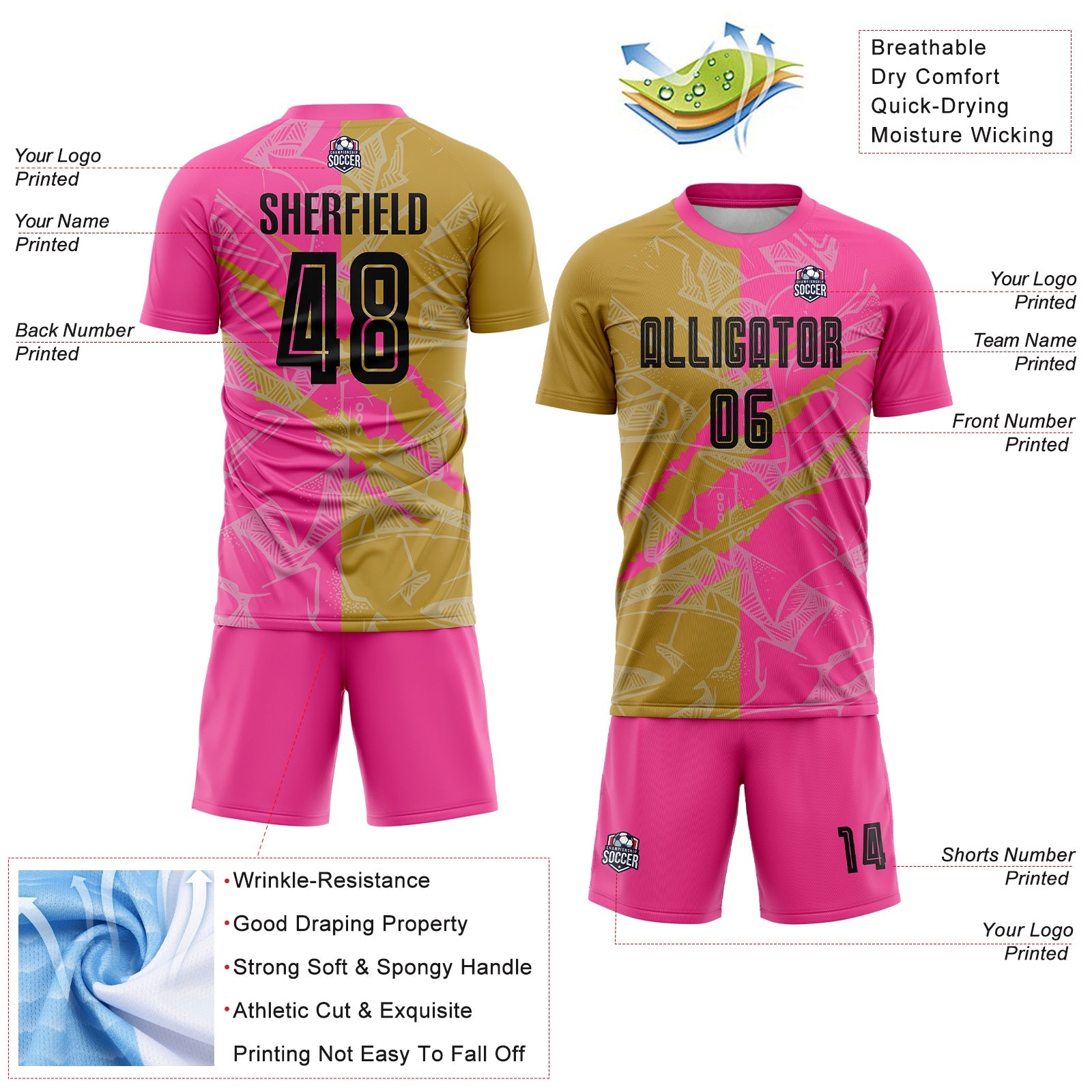 Custom Graffiti Pattern Black Old Gold-Pink Scratch Sublimation Soccer Uniform Jersey - Sky-Custom